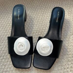 Marc Fisher Black Mules with White Floral Accent